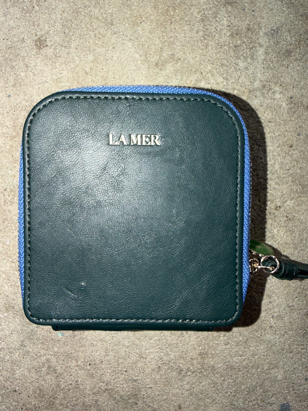 La Mer Dark Green Leather Square Zip Card Case with Blue Trim